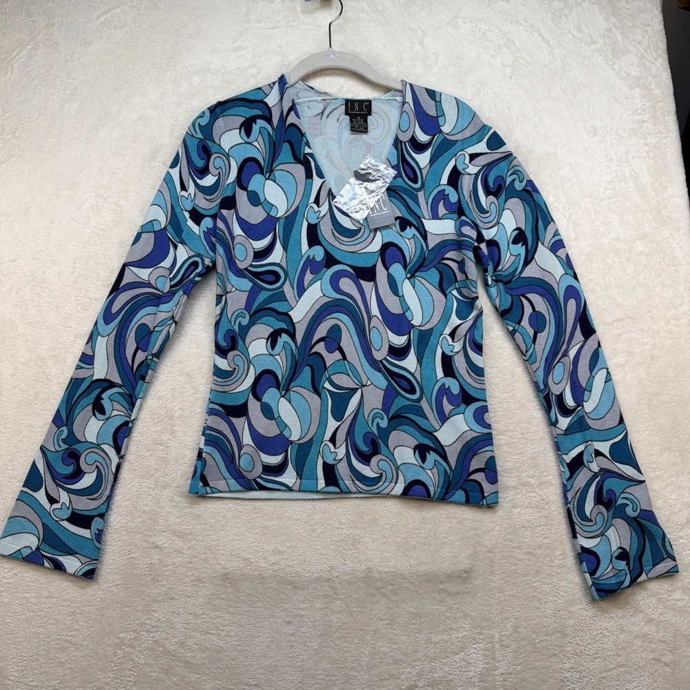 INC International‎ Concepts Blue Swirl Print V Neck Stretch Top Women Small NWT